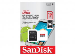 SANDISK MICRO SDHC ULTRA MEMÓRIAKÁRTYA, 16GB + ADAPTER, (80MB/S) CLASS 10, UHS-1