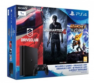 Playstation 4 (PS4) Slim 1TB (Family Pack) - Driveclub + Uncharted 4 + Ratchet and Clank