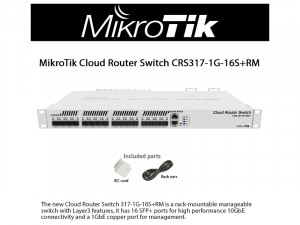 MikroTik CRS317-1G-16S+RM - 19 Colos, szekrénybe szerelhető Layer 3 switch, 1xGbE LAN, 16xSFP Plus, 