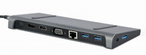 Gembird Cablexpert Multi Port Adapter USB Type C 9in1 USB hub szürke (Hub3.0 + HDMI + DisplayPort + VGA + PD + LAN + stereo audio)