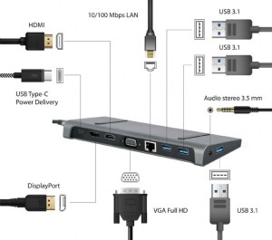 Gembird Cablexpert Multi Port Adapter USB Type C 9in1 USB hub szürke (Hub3.0 + HDMI + DisplayPort + VGA + PD + LAN + stereo audio)